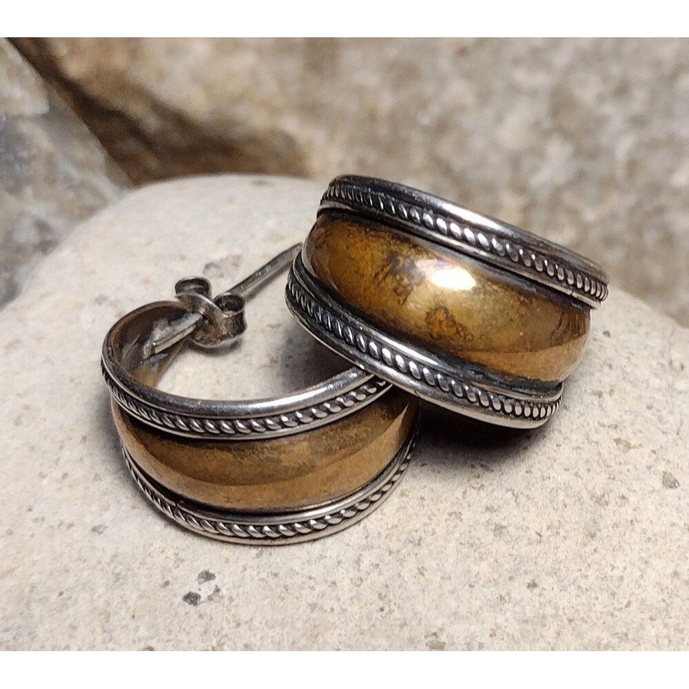 Vintage Sterling Silver Brass Hoop Rope Edge Earrings
